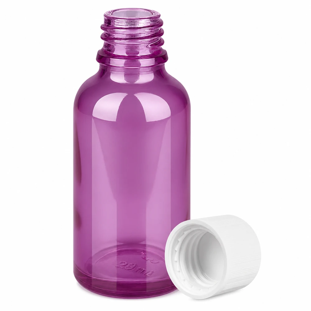 Fioletowa szklana butelka z zakraplaczem o pojemności 30 ml i białą zakrętką do olejków eterycznych i serum