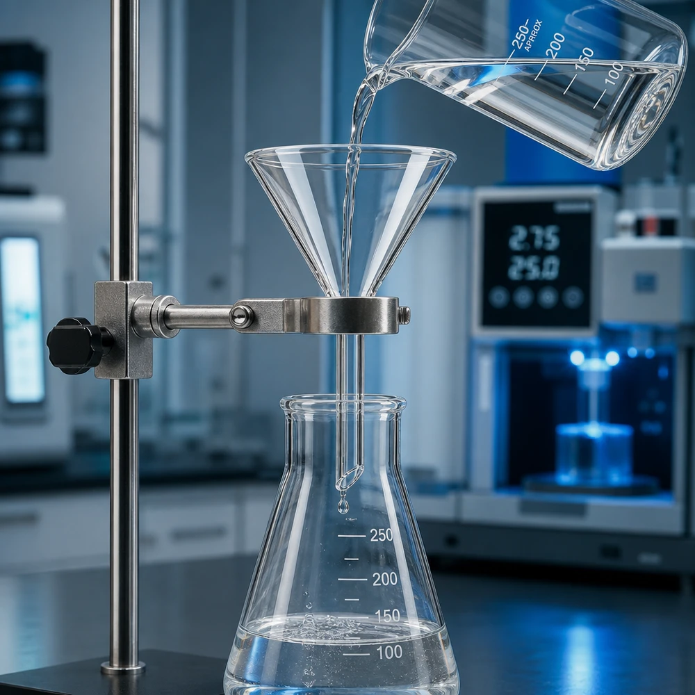 Przezroczysty szklany lejek naukowy 55 mm do chemicznych analiz laboratoryjnych i filtracji