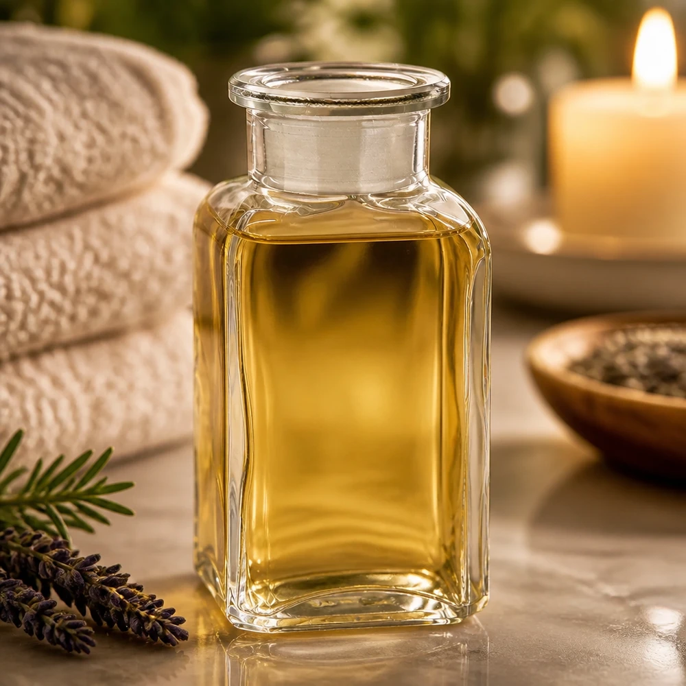 Kwadratowa butelka 100 ml z przezroczystą zatyczką z szeroką szyjką Przezroczysta, kwadratowa butelka szklana o pojemności 100 ml z szeroką szyjką i korkiem, obok lawendy i świecy