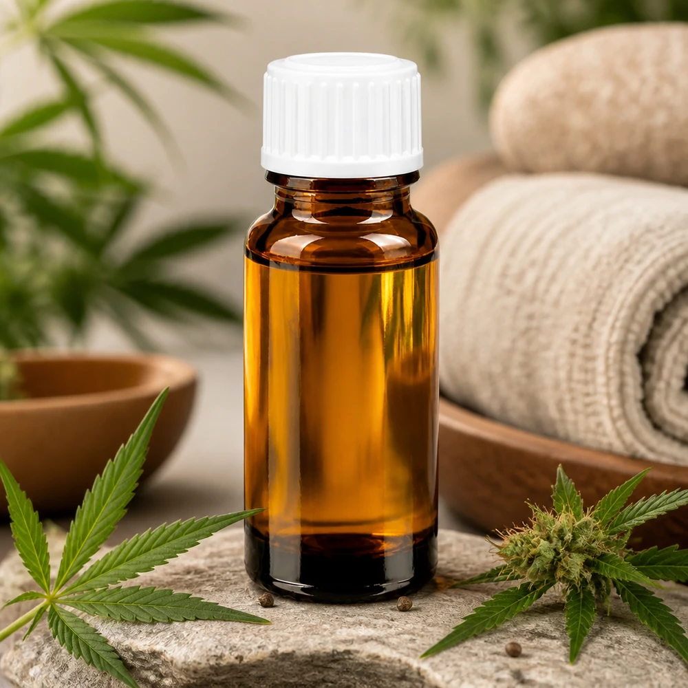 Brązowa buteleczka z zakraplaczem o pojemności 10 ml z białą nakrętką obok liści konopi i kamieni naturalnych