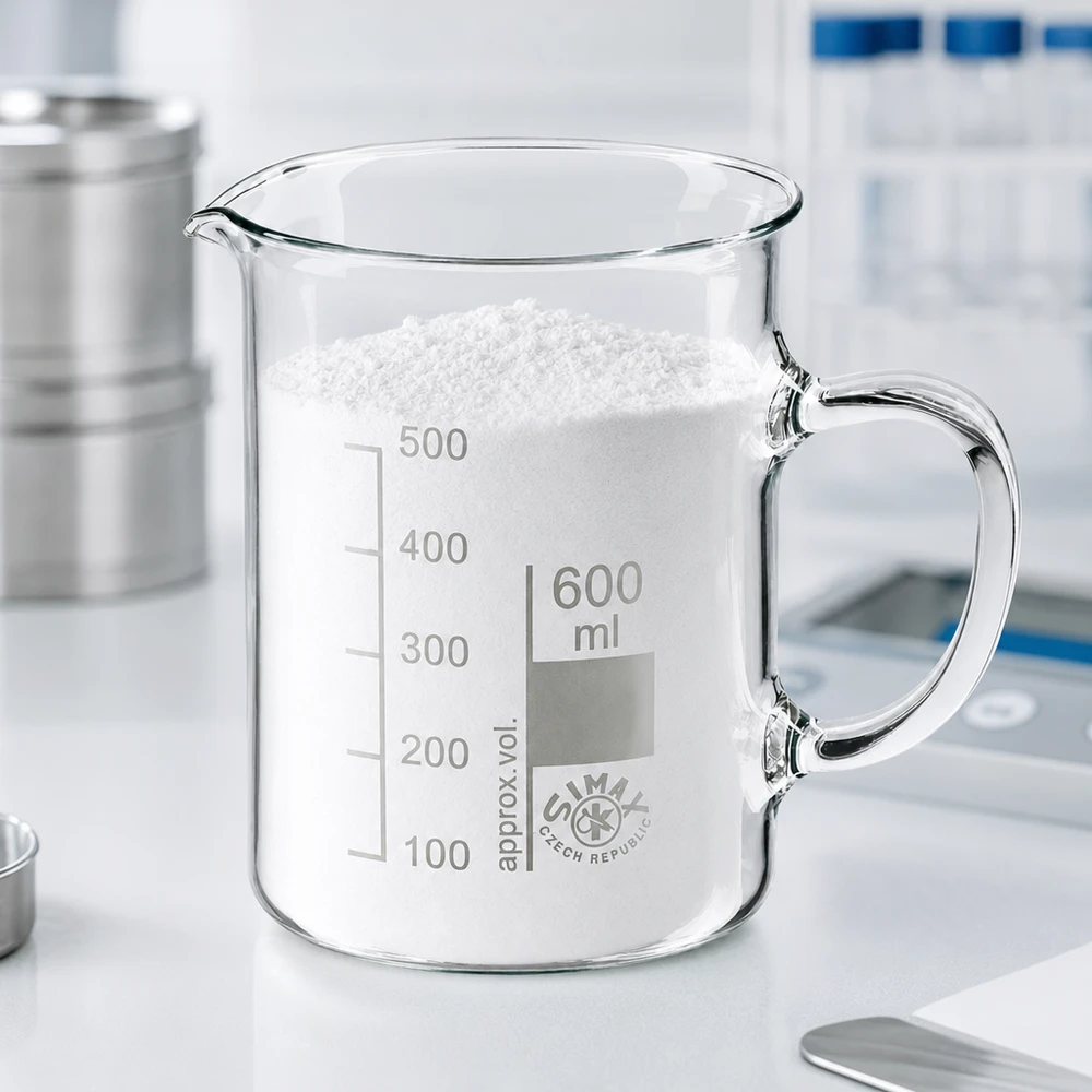 Zlewka 600 ml ze szkła borokrzemowego, z uchwytem Szklanka o pojemności 600 ml z uchwytem, wypełniona białym proszkiem, na białym blacie laboratoryjnym