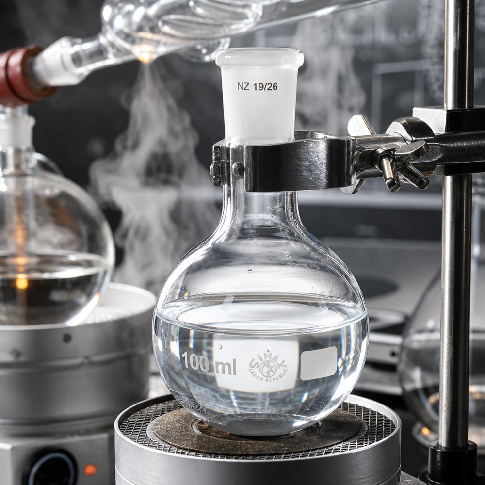 Kolba 100 ml ze standardowym szlifowanym złączem (19/26) Kolba stojąca 100 ml w aparacie destylacyjnym - żaroodporne szkło laboratoryjne ze standardowym szlifowanym złączem 19/26