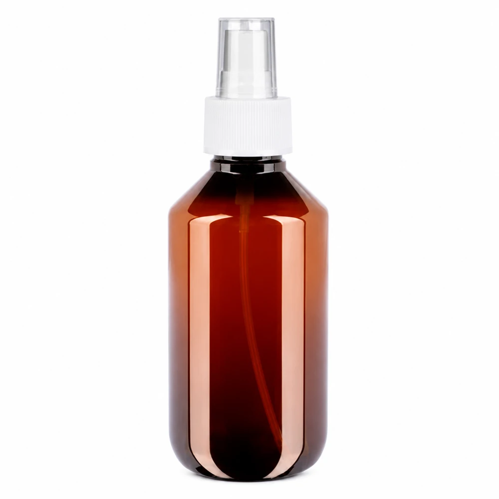 Butelka PET 200 ml z białym atomizerem Bernsteinfarbene 200ml Sprühflasche aus PET mit weissem Zerstäuberverschluss