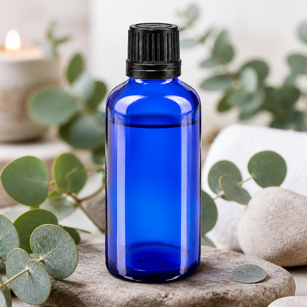 Szklana butelka o pojemności 50 ml w kolorze kobaltowym z czarną zakrętką, umieszczona na kamieniach naturalnych z gałązkami eukaliptusa