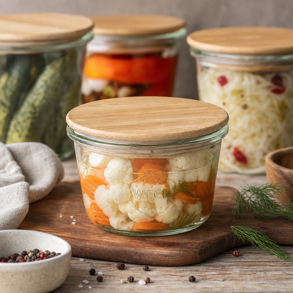 Minibutelki WECK RR60 o pojemności 50 ml z drewnianą pokrywką WECK mini słoik 50ml wypełniony kalafiorem i marchewką jako słoik konserwujący z bambusową pokrywką na drewnianej desce