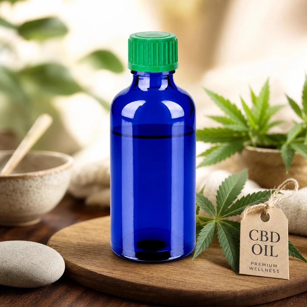 Kompaktowa butelka z zakraplaczem o pojemności 50 ml w eleganckim niebieskim kolorze do mobilnego stosowania oleju i ekstraktów CBD