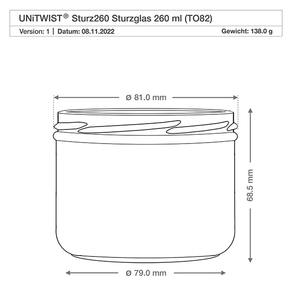 UNiTWIST Sturz260 - Okrągła szklanka o pojemności 260ml TO82 Kubki UNITWIST 260ml TO82 z rysunkiem technicznym i wymiarami 81mm średnica 68.5mm wysokość
