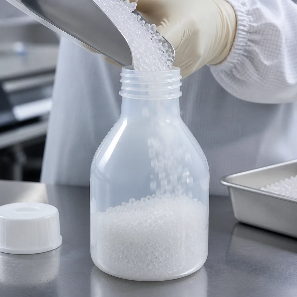 Butelka zakręcana 20 ml, butelka laboratoryjna z wąską szyjką Butelka z zakrętką o wąskiej szyjce, o pojemności 20 ml, wykonana z PE, z białą nakrętką, jest napełniana granulatem z tworzywa sztucznego