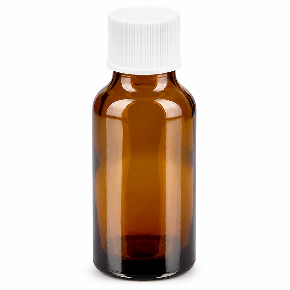 Butelka 20 ml 11 mm SV biała STD BrownLine UT18/20 Butelka z bursztynowego szkła o pojemności 20 ml z białą zakrętką do leków i kosmetyków