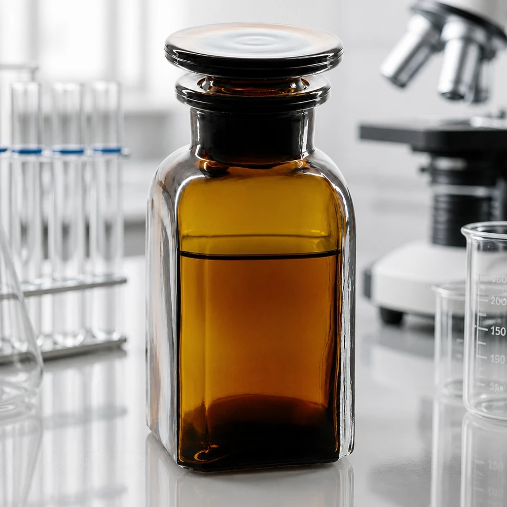 Butelka z ochroną przed światłem, 100 ml, z brązowego szkła, o kwadratowym kształcie, z hermetycznym szklanym korkiem, przeznaczona do chemikaliów laboratoryjnych