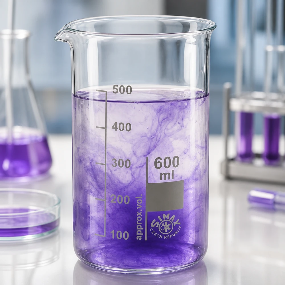 Zlewka 600 ml ze szkła borokrzemowego, wysoka Szklanka laboratoryjna o pojemności 600 ml, wysoka, ze szkła borokrzemowego, z fioletowym płynem i podziałką, przeznaczona do użytku w laboratorium