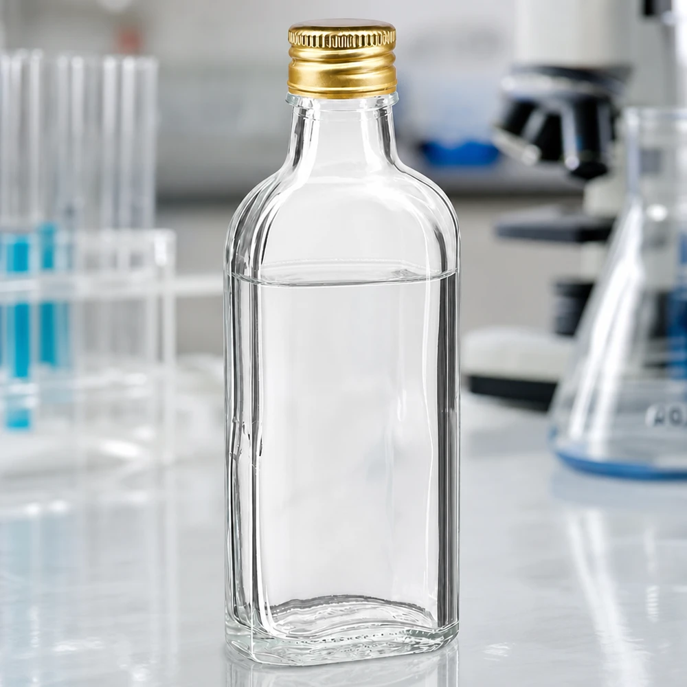 Przezroczysta butelka Meplat o pojemności 100 ml ze złotym aluminiowym zakrętkiem PP22 w warunkach laboratoryjnych