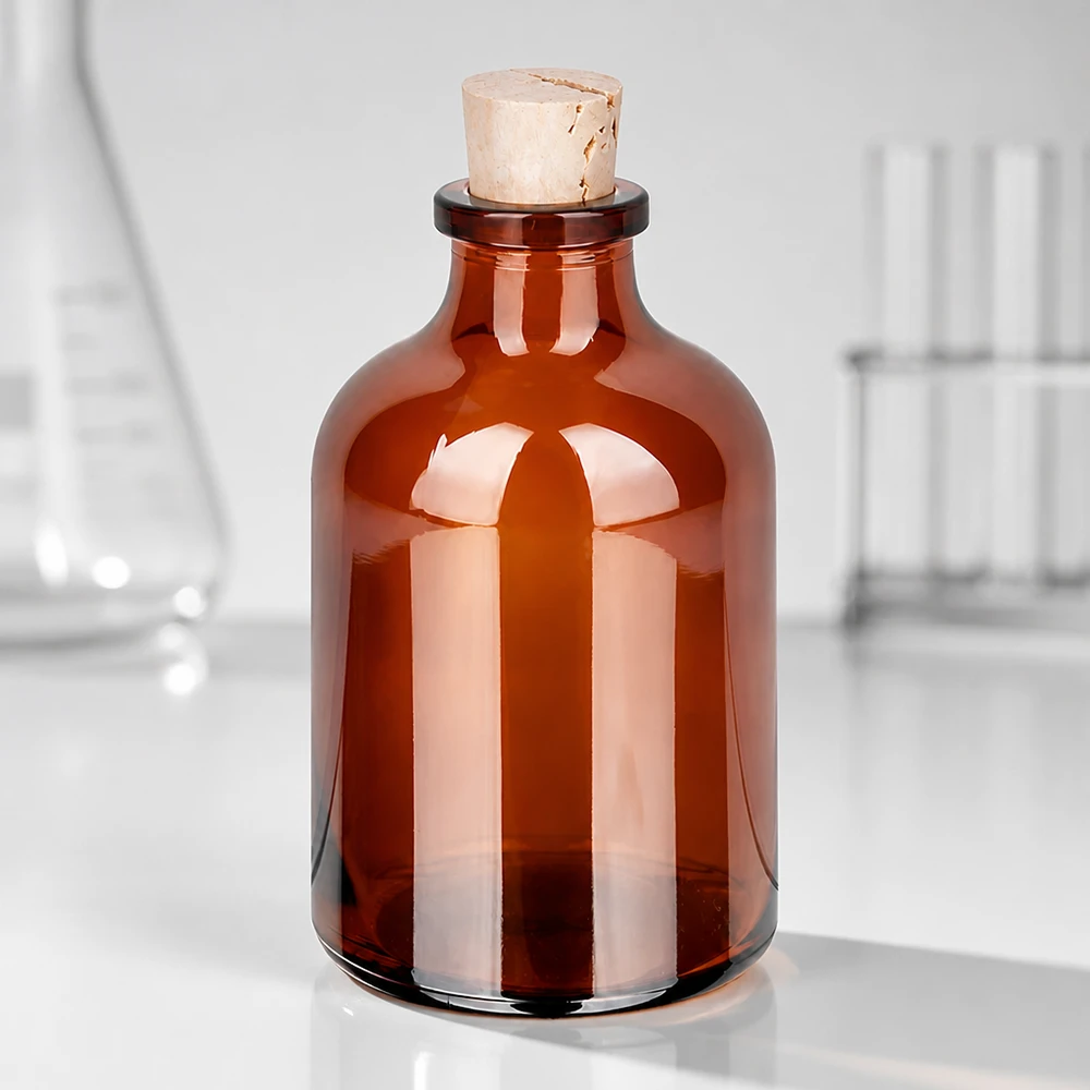 Butelka z bursztynowego szkła 50 ml z korkiem 11/14 mm Bernsteinfarbene Laborflasche 50ml mit Kork für Proben und Reagenzien