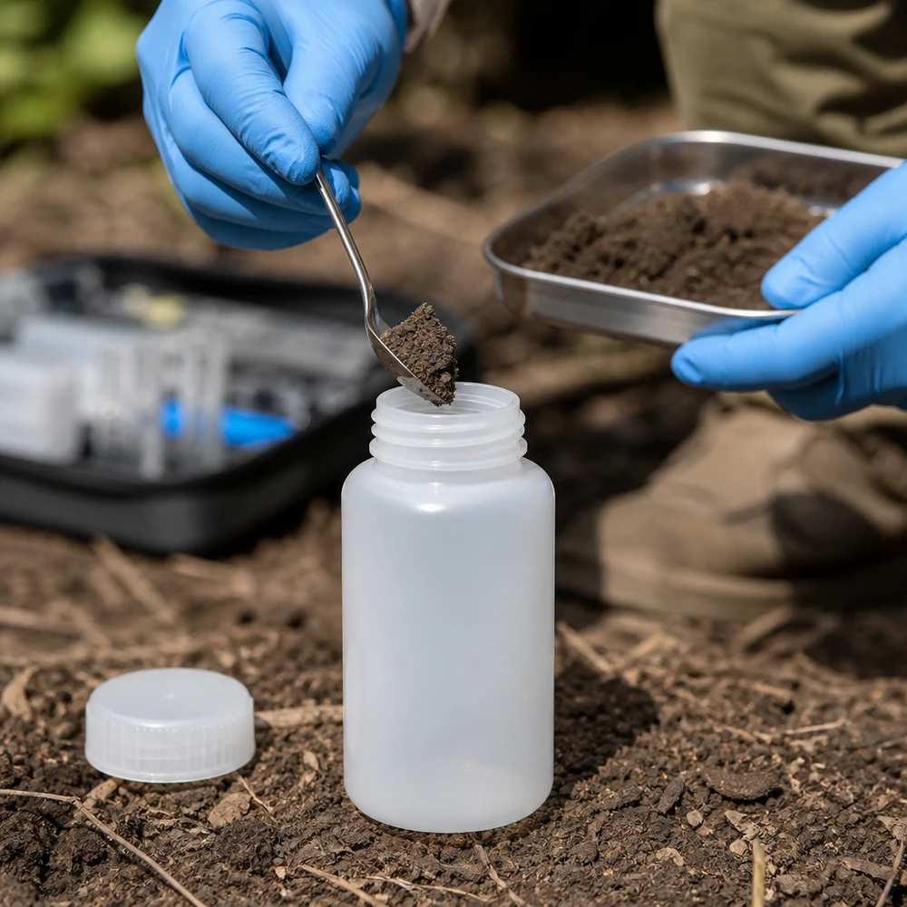 Pobieranie próbek gleby za pomocą otwartej, plastikowej butelki laboratoryjnej o szerokiej szyjce o pojemności 1000 ml w terenie