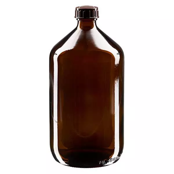 Butelka na leki 1000 ml brązowa, z zakrętką brązową ApoGlas. Farmaceutyczna jakość produkcji UE. Gwint 28 mm (PP28). (syrop, butelka z lekkiego szkła) Butelka na leki 1000 ml brązowa, z zakrętką brązową ApoGlas. Farmaceutyczna jakość produkcji UE. Gwint 28 mm (PP28). (syrop, butelka z lekkiego szkła)