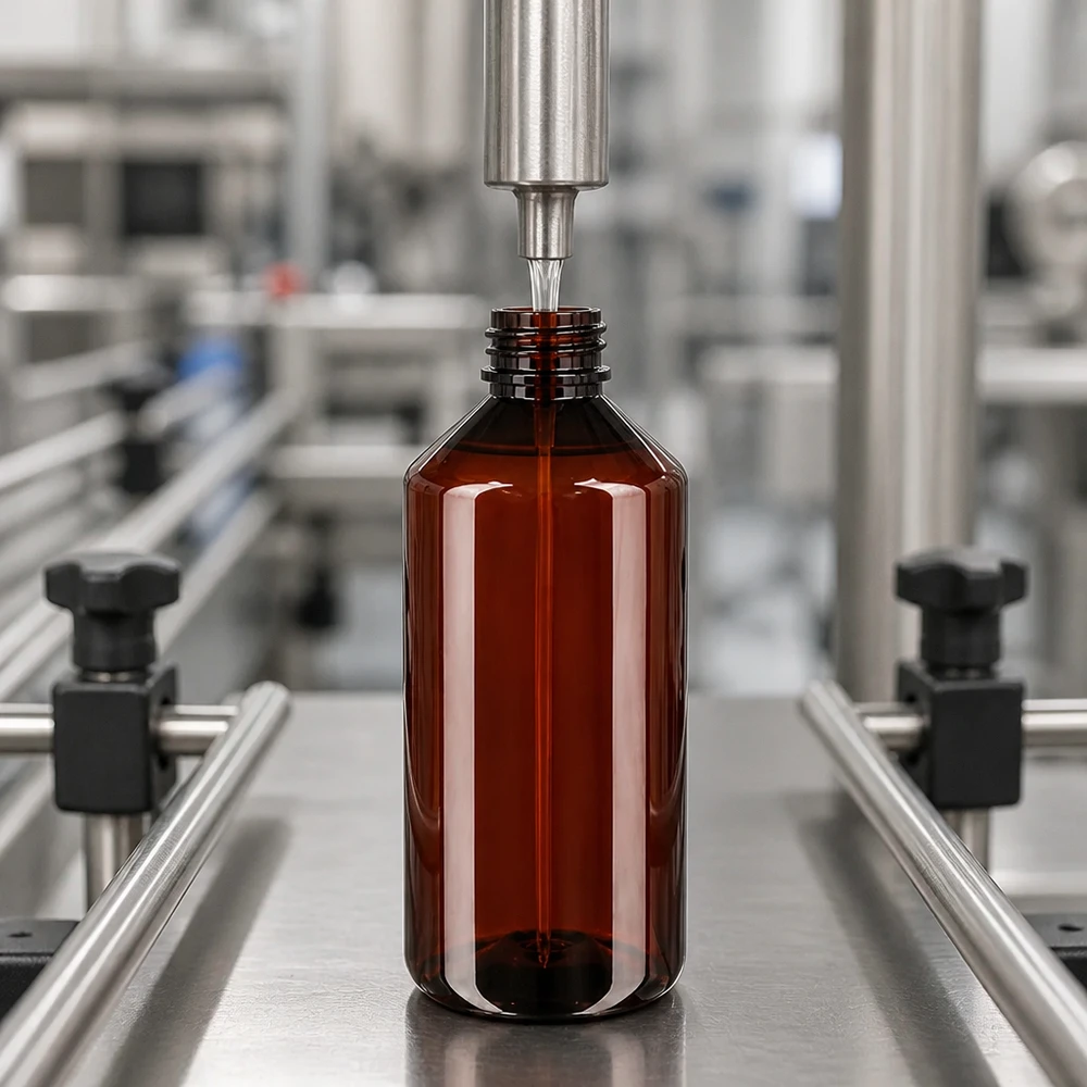 Automatyczna linia rozlewnicza napełnia bursztynowe butelki PET o pojemności 1000 ml na przenośniku taśmowym ze stali nierdzewnej