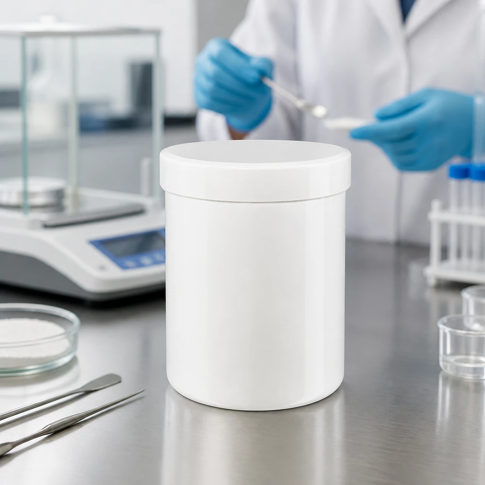 Cylindryczny, biały słoik na maści z PP o pojemności 100 g w laboratorium, obok wagi analitycznej i probówek