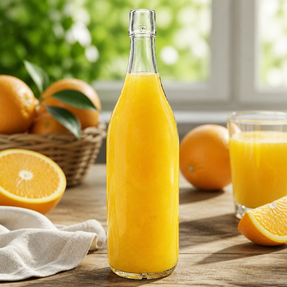 Butelka szklana 1000 ml bez zamknięcia typu UNiTWIST Szklana butelka 1000ml UNiTWIST wypełniona sokiem pomarańczowym świeże pomarańcze stół kuchenny naturalne światło zdrowe