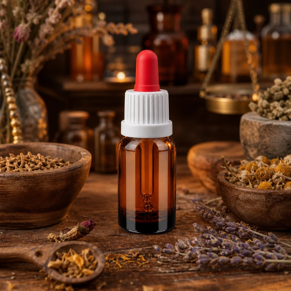Butelka z pipetą 10 ml, biała/czerwona OV BrownLine UT18/10 Mała 10 ml butelka z pipetą i czerwonym zakraplaczem, idealna do aromaterapii i naturalnych środków leczniczych.