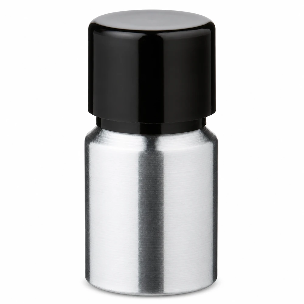 Butelka z polerowanego aluminium o pojemności 10 ml z zakrętką 10 ml aluminiowa butelka z czarną zakrętką wykonana z polerowanego aluminium do olejków eterycznych
