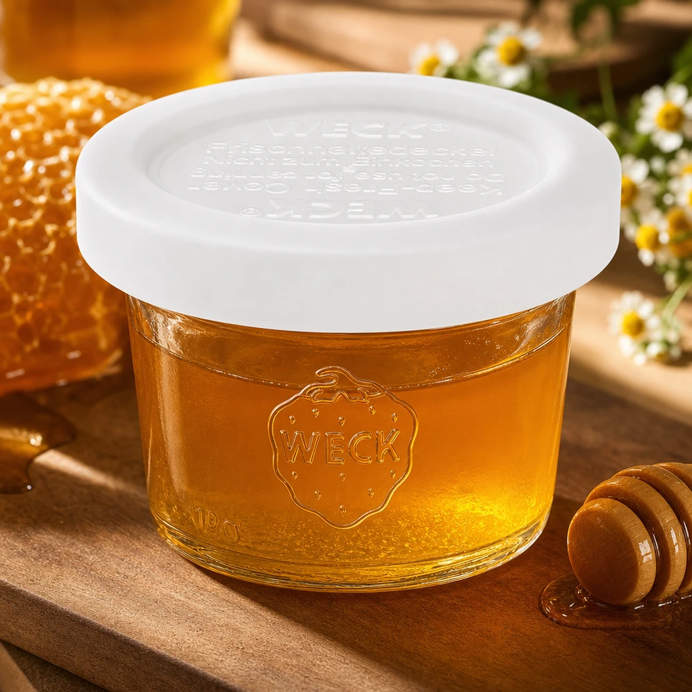 Kubki WECK 35ml RR40 z miodem w naturalnym środowisku z plastrem miodu i rumiankiem, autentyczna prezentacja produktu