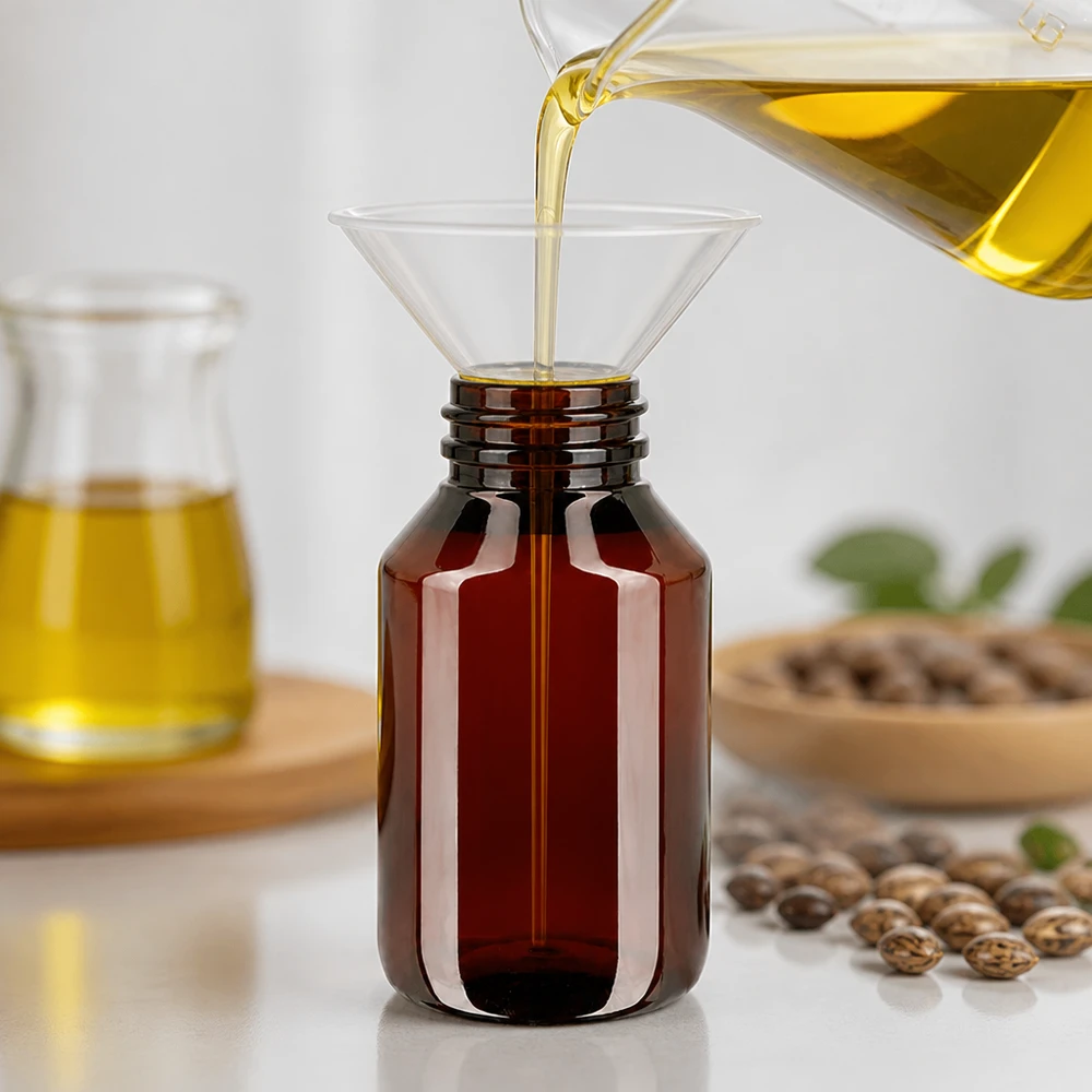 Butelka PET 50 ml z białą/czerwoną nakrętką OV Butelka PET o pojemności 50 ml w kolorze bursztynowym z lejkiem podczas napełniania żółtym olejem roślinnym