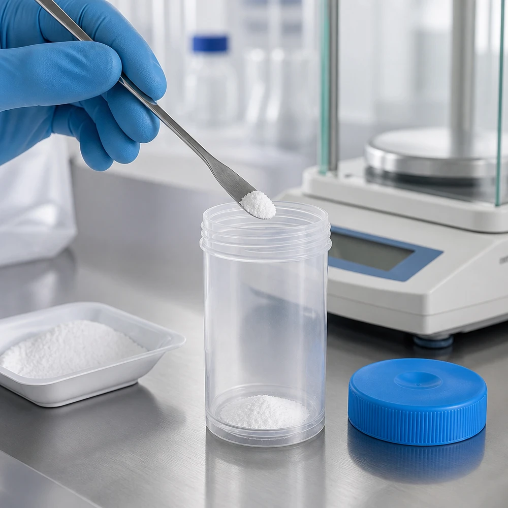Uniwersalny plastikowy słoik (naczynie) 50 ml Laborant za pomocą pęsety odmierza biały proszek do przezroczystego naczynia na próbki o pojemności 50 ml, umieszczonego na wadze