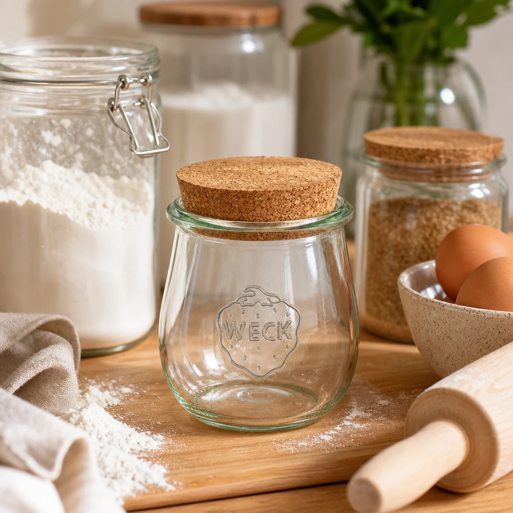 WECK tulipanowy słoik 220ml RR60 z korkową pokrywką w rustykalnej kuchni ze składnikami do pieczenia mąką i jajkami na drewnianej desce