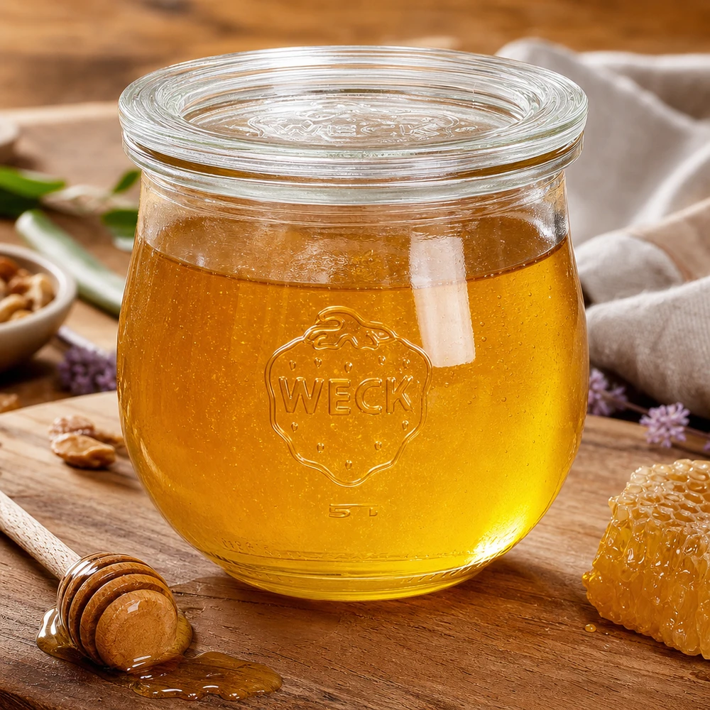 Słoik tulipan o pojemności 370 ml ze szklaną pokrywką WECK RR80 Słoik WECK tulipan 370ml RR80 wypełniony miodem na drewnianej desce z plastrem miodu i łyżką miodu jako dekoracją