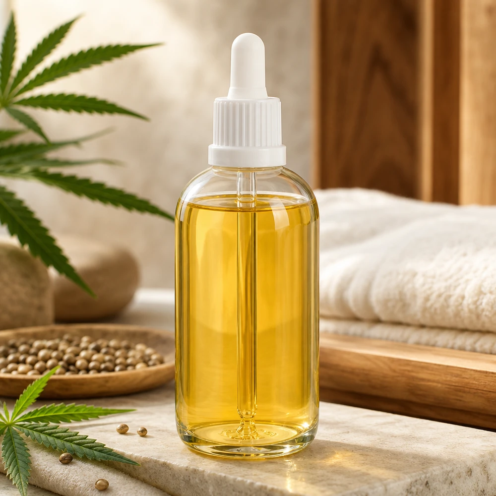 100 ml butelka z pipetą biała OV ClearLine UT18/100 Butelka z pipetą ClearLine o pojemności 100 ml z białym zakraplaczem i motywem konopi, przeznaczona do stosowania olejku CBD