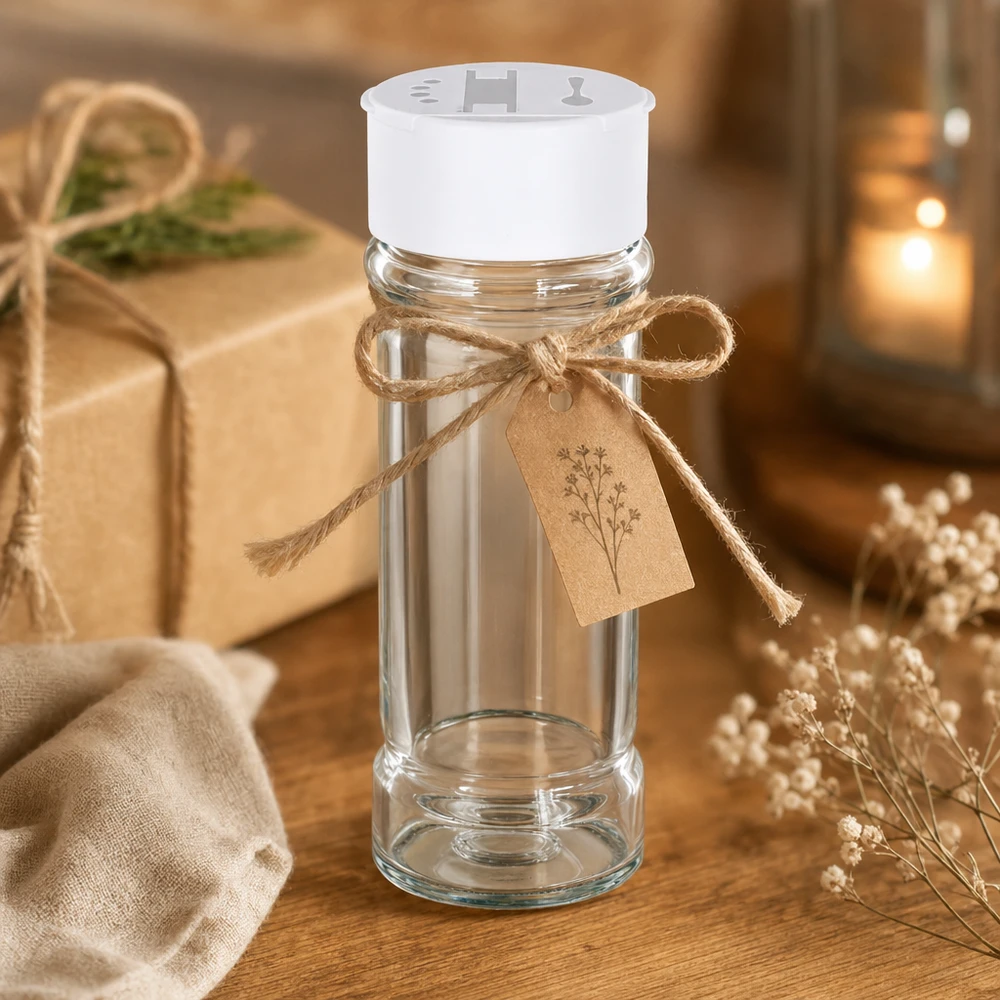 Słoik na sól/przyprawy 100 ml z podwójną dozownicą, biały Słoiczek na sól i pieprz o pojemności 100 ml z białą podwójną solniczką i pieprzniczką, udekorowany jutową kokardką jako rustykalny prezent