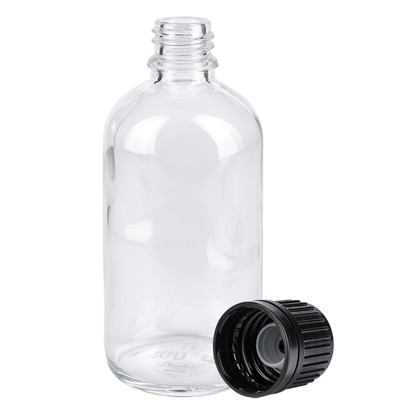100ml (kulka)Flas. 3mm GR s. STD ClearL. UT18/100 Przezroczysta buteleczka na globulki o pojemności 100 ml, wykonana z przezroczystego szkła, z czarną plastikową nakrętką