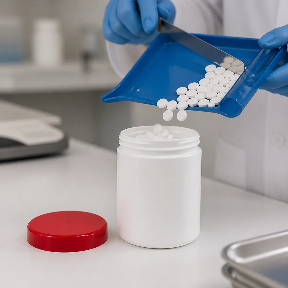 Farmaceuta napełnia biały słoik na maść o pojemności 100 g tabletkami za pomocą niebieskiej łódeczki do tabletkowania