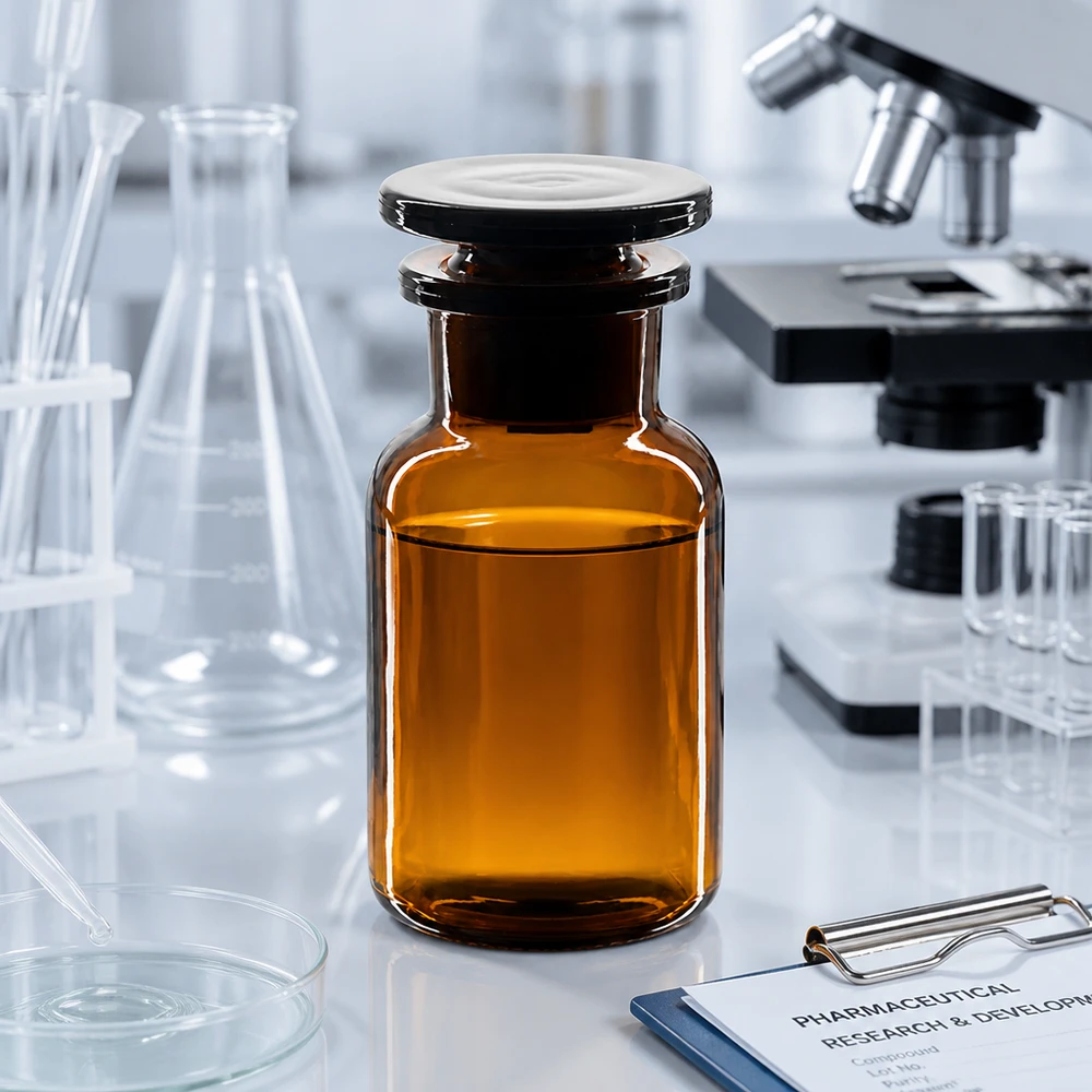 Okrągła butelka na ramię 100 ml z brązową szeroką szyjką i szklanym korkiem Farmaceutyczna butelka z brązowego szkła o pojemności 100 ml, z szeroką szyjką i szklanym korkiem, stojąca na białym stole laboratoryjnym