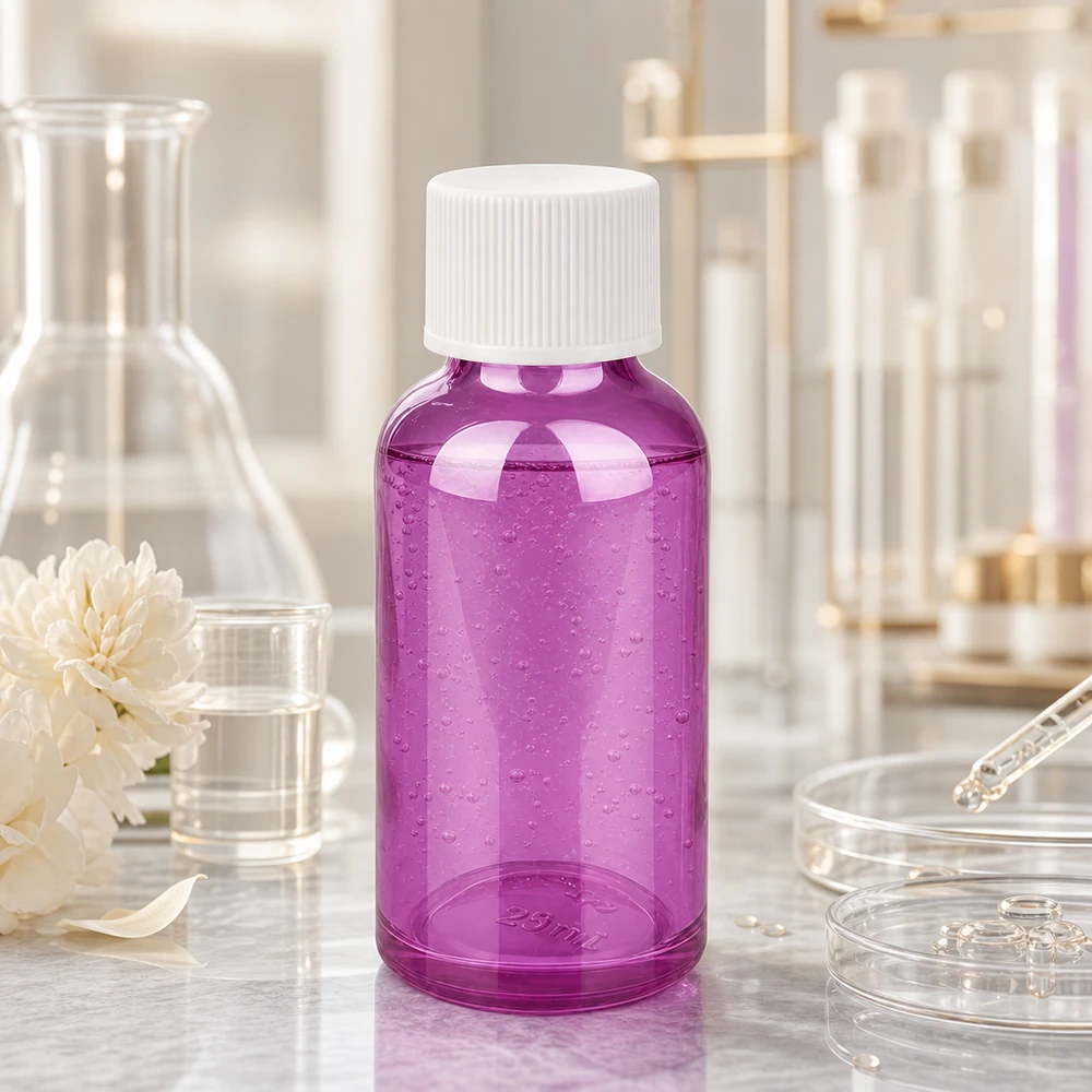 Butelka 30 ml z zakrętką 11 mm, biała, standardowa PurpleLine UT18/30 Mała 30 ml butelka laboratoryjna w kolorze przezroczystego fioletu z białą zakrętką na próbki