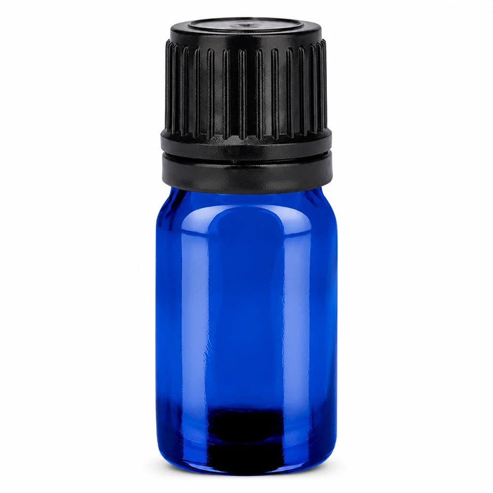 5 ml szklana butelka w kolorze niebieskim z czarną zakrętką do olejków eterycznych i aromaterapii