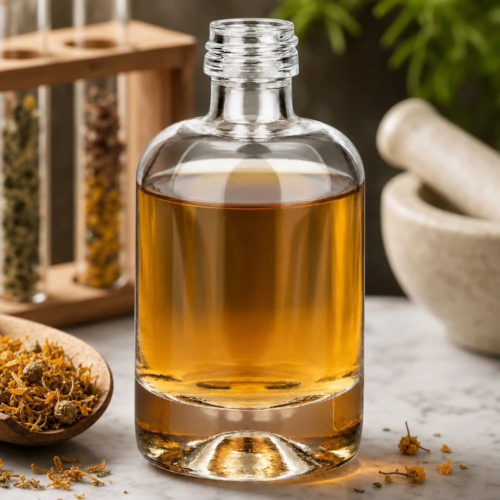 Szklana butelka Sara o pojemności 40 ml ze złotożółtym płynem o naturalnym ziołowym aromacie z moździerzem i suszonymi kwiatami