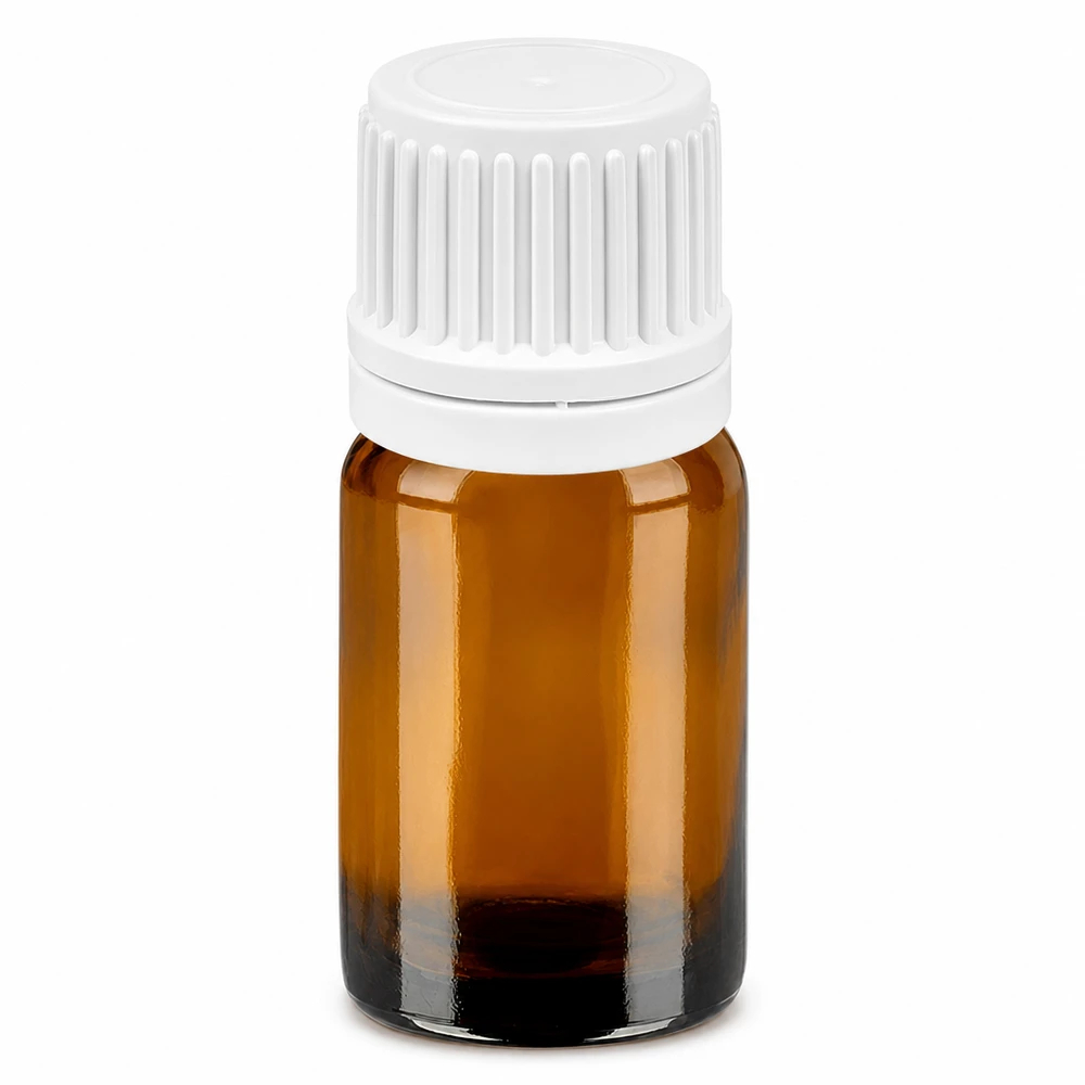 Butelka z zakraplaczem o pojemności 5 ml, brązowa z białą nasadką do precyzyjnego dozowania płynów