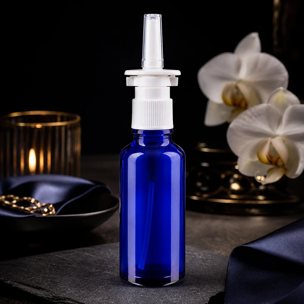 Niebieska szklana buteleczka apteczna o pojemności 30 ml do sprayu do nosa, z białą głowicą pompującą i przezroczystą końcówką aplikacyjną