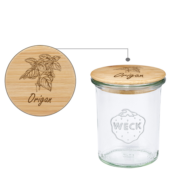 Drewniana pokrywka „Oregano” z szklanym wkładem WECK 160 ml Drewniana pokrywka „Oregano” z szklanym wkładem WECK 160 ml