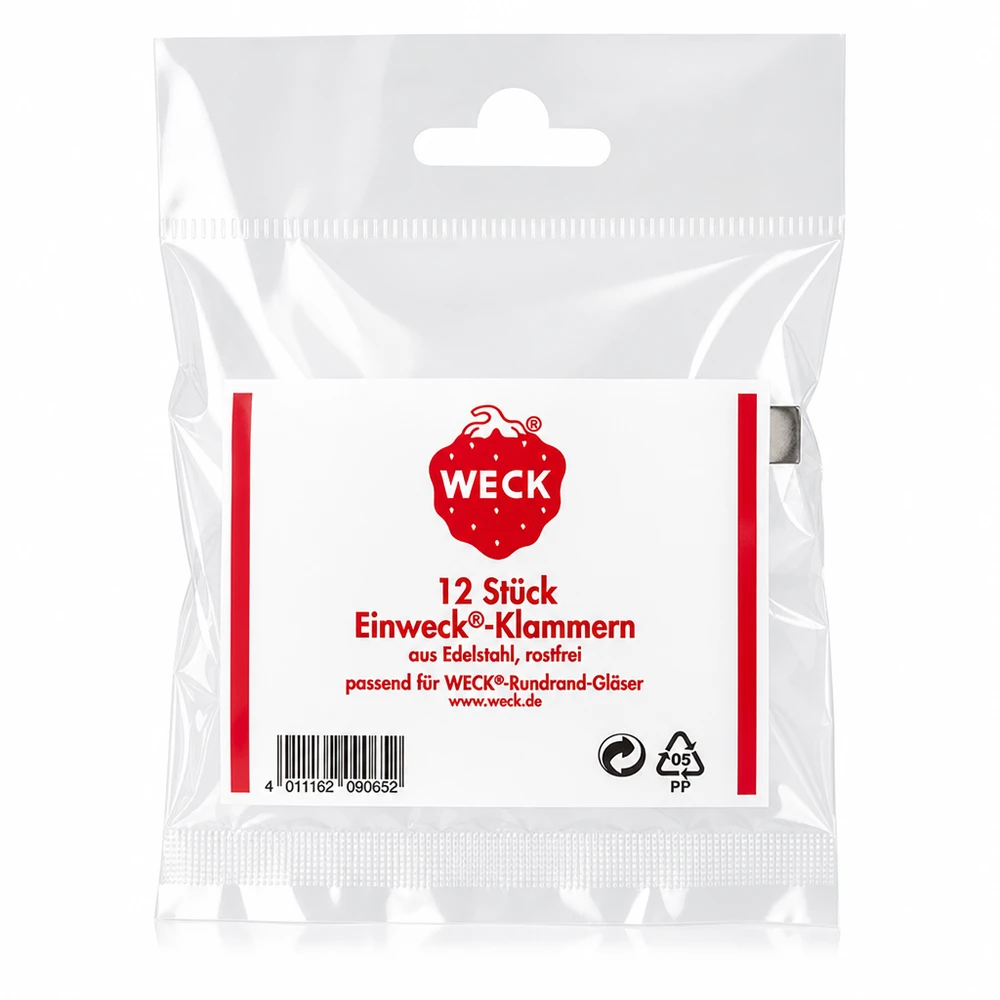 Zaciski Original WECK (opakowanie zawierające 12 sztuk)Uwaga: 12 sztuk w opakowaniu WECK Klammern Verpackungsrückseite mit Produktdetails 12 Stück Edelstahl rostfrei für Rundrand Gläser Original