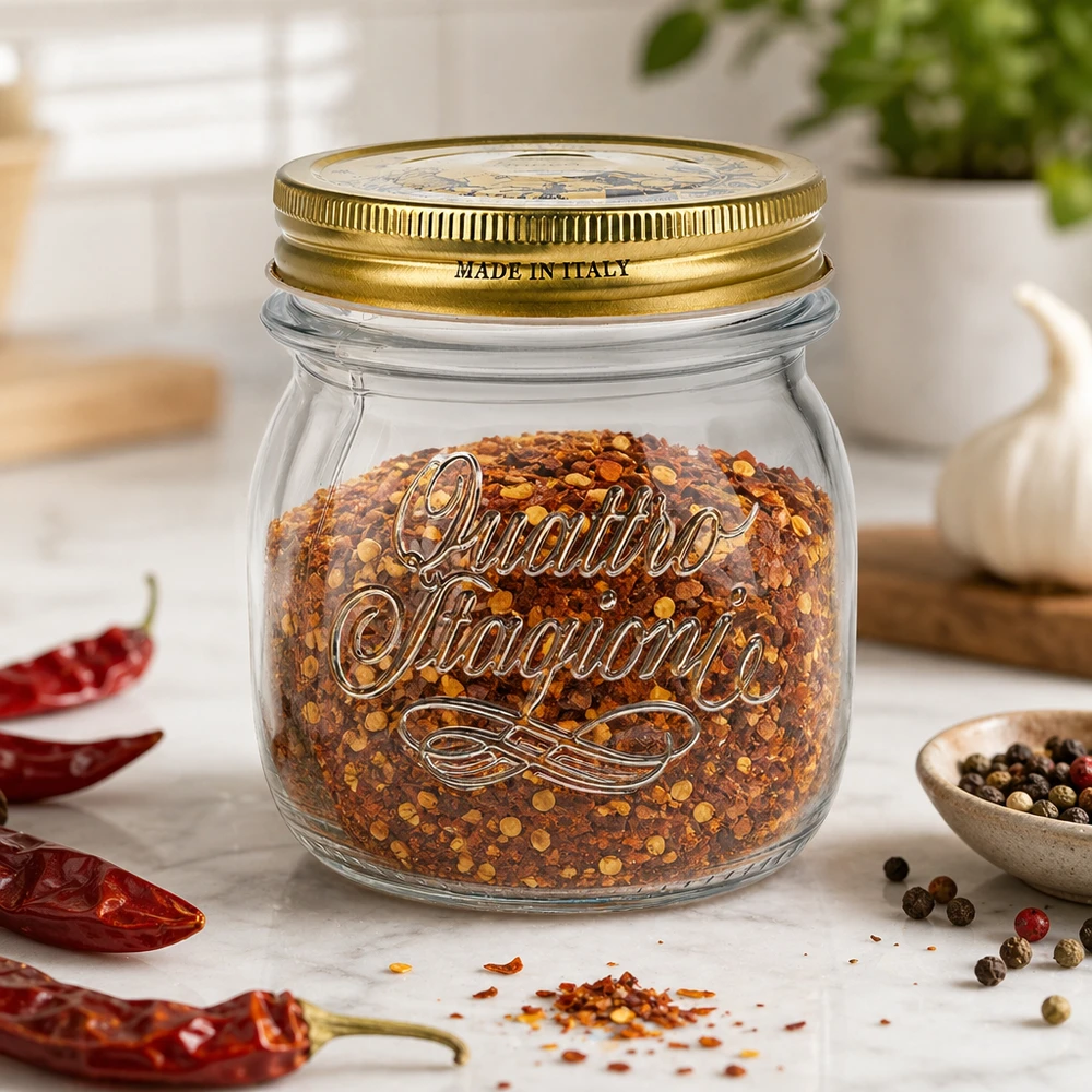Słoik okrągły 250 ml „Quattro Stagioni” z pokrywką 250 ml okrągły słoik Quattro Stagioni ze złotą pokrywką wypełniony mieszanką przypraw chili na blacie kuchennym