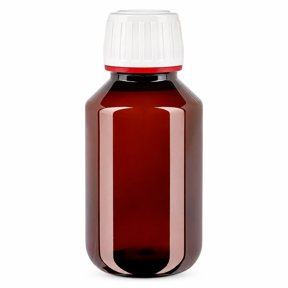 Brązowa butelka PET o pojemności 100 ml z białym zamknięciem gwarantującym oryginalność i czerwonym pierścieniem zabezpieczającym