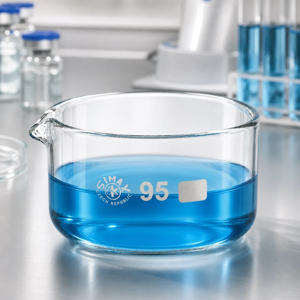 Niebieski płyn w płaskiej misce laboratoryjnej o pojemności 300 ml, ze szkła borokrzemowego, z wylewką o średnicy 95 mm, SIMAX