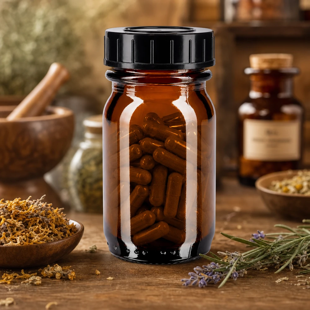 Butelka farmaceutyczna 30 ml wykonana z bursztynowego szkła chroniącego przed promieniowaniem UV z praktyczną zakrętką