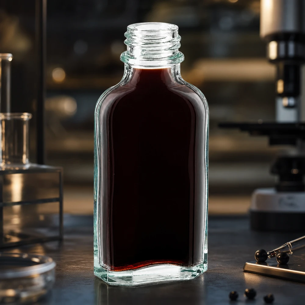 50 ml przezroczysta butelka typu Meplat z ciemnoczerwoną zawartością i zakrętką typu DIN22
