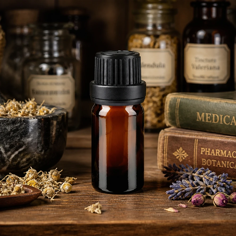 Butelka apteczna brązowa 5ml zakrętka czarna szczelna OV Butelka apteczna o pojemności 5 ml z brązowego szkła z czarnym zamknięciem zabezpieczającym o średnicy 11 mm, inspirowana historycznymi księgami zielarskimi