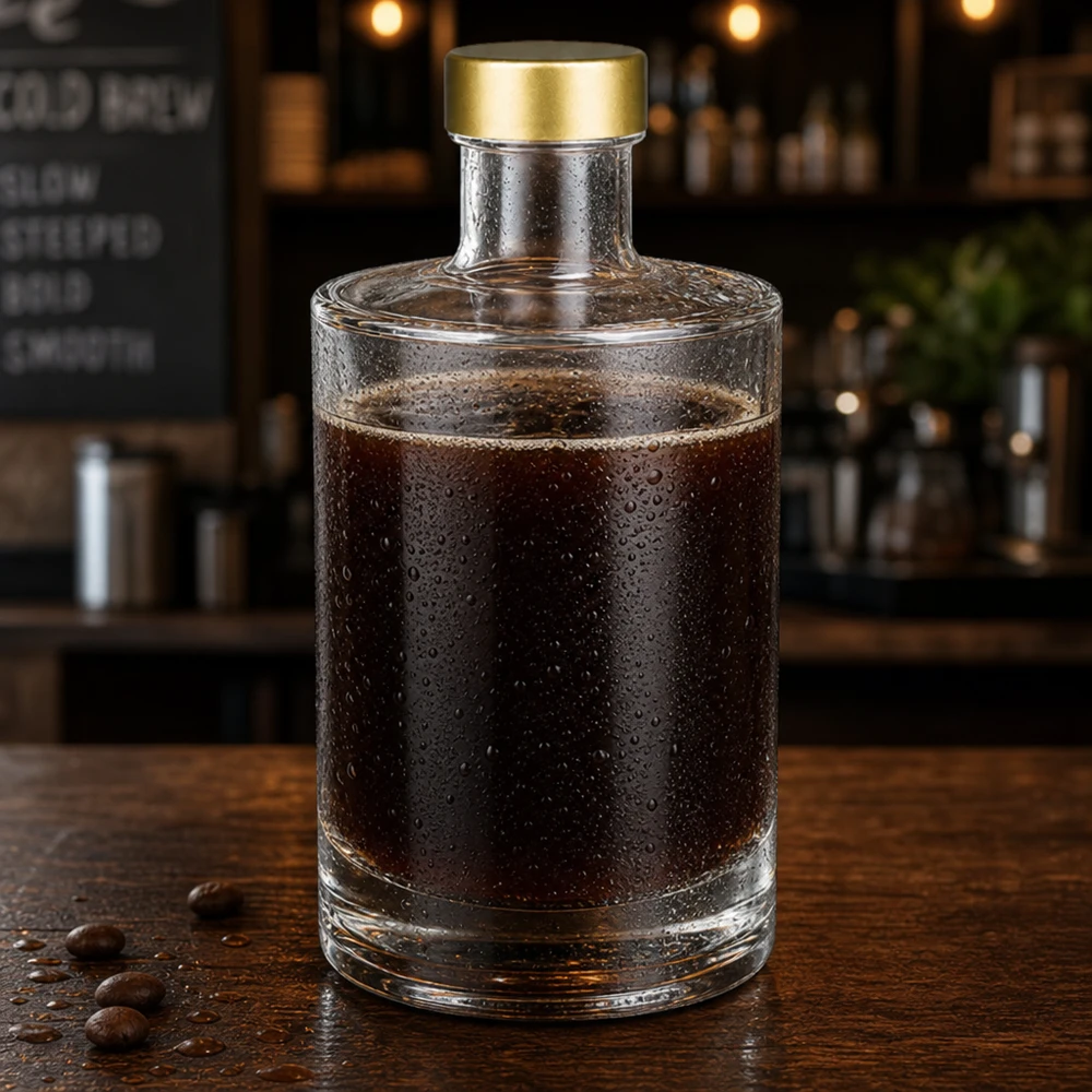 Butelka szklana 375 ml Sam + zakrętka złota UNiTWIST® 375ml Glasflasche Sam mit Kaffeespezialität gefüllt goldener Schraubverschluss UNiTWIST Café Atmosphäre Kaltgetränk