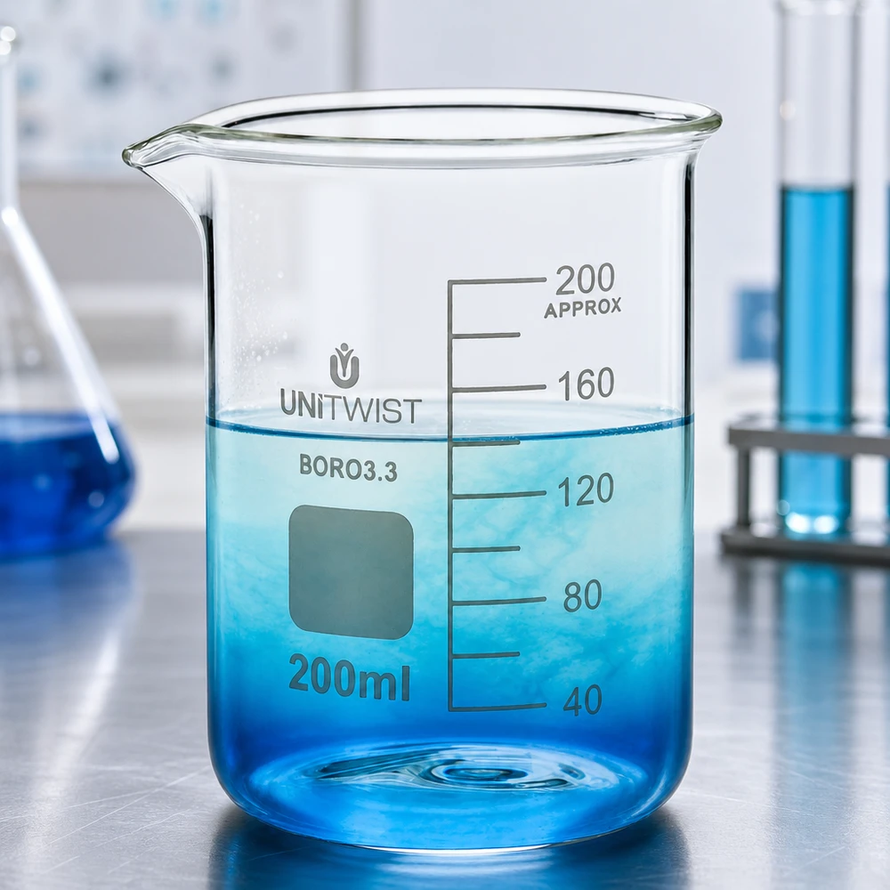 Przezroczysta zlewka laboratoryjna o pojemności 200 ml, z podziałką do 200 ml i wylewką, wykonana ze szkła borokrzemowego 3.3