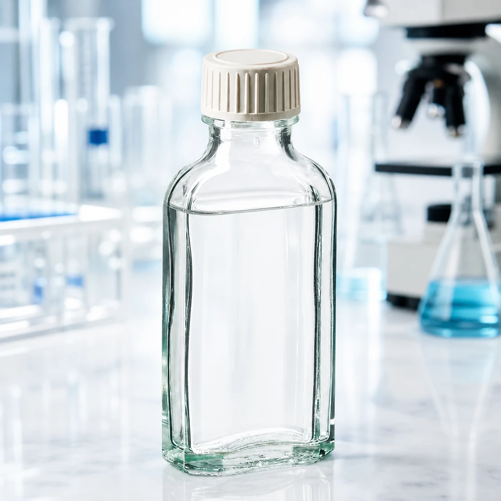 Przezroczysta szklana butelka Meplat o pojemności 50 ml z białym plastikowym zamknięciem w laboratorium